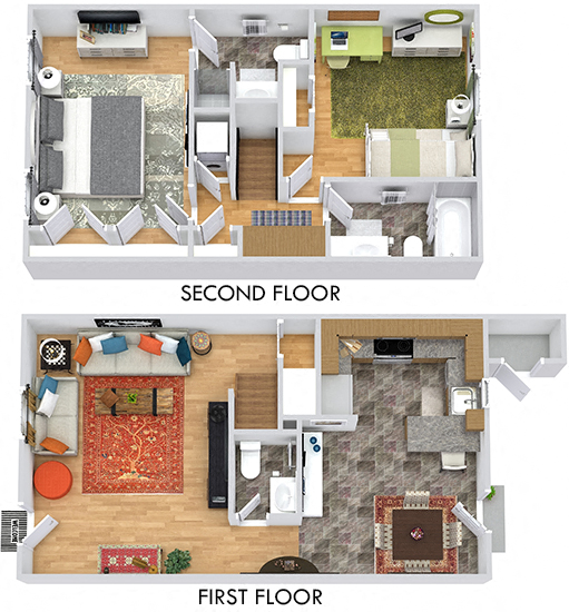 3D Tidewater 2 bedroom townhome. 1st floor Kitchen open to dining. living room with half bath. 2nd floor built-in hall cabinet storage, 2 full baths, closets and in-unit laundry